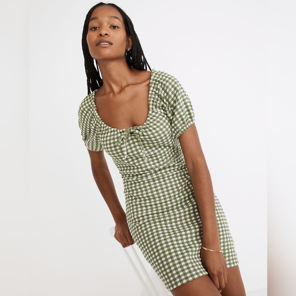 Madewell puff-sleeve mini dress in gingham check